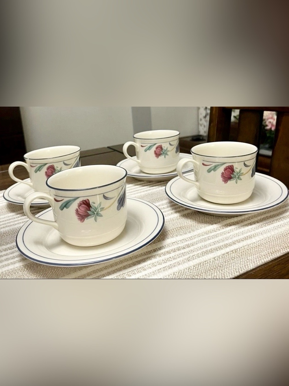 Vintage Lenox Poppies on Blue 4 Cup Saucer Sets 8 Pc USA